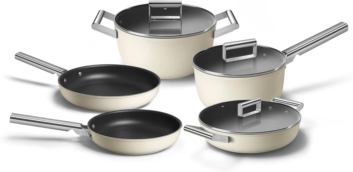 SMEG 8PC Non-Stick Cookware Set Cream, 3 QT Sauce pan with Lid, 9.5" Frypan, 11" Frypan, 5 QT Casserole with lid, 4 QT Deep Pan with lid