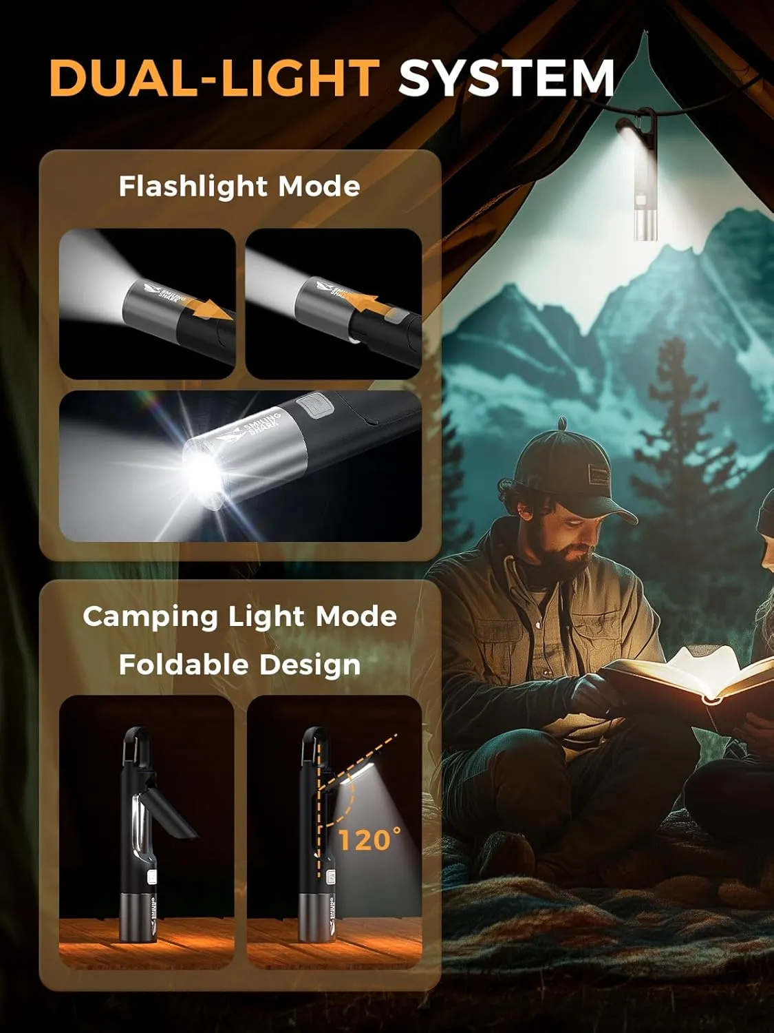Smiling Shark LED Flashlight, G2 2 Pack Small Flashlights Powerful Rechargeable with COB Sidelight & Hook and Diffuser 3 Mode Zoomable Multi Functional Camping Flash Light for Outdoor/Emergency, Black