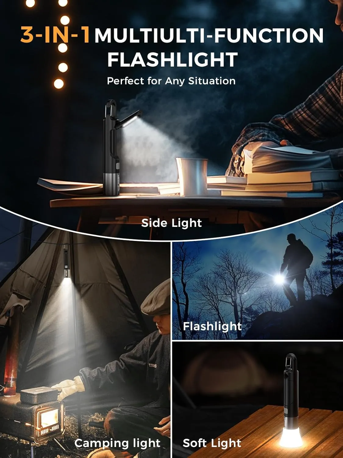 Smiling Shark LED Flashlight, G2 2 Pack Small Flashlights Powerful Rechargeable with COB Sidelight & Hook and Diffuser 3 Mode Zoomable Multi Functional Camping Flash Light for Outdoor/Emergency, Black