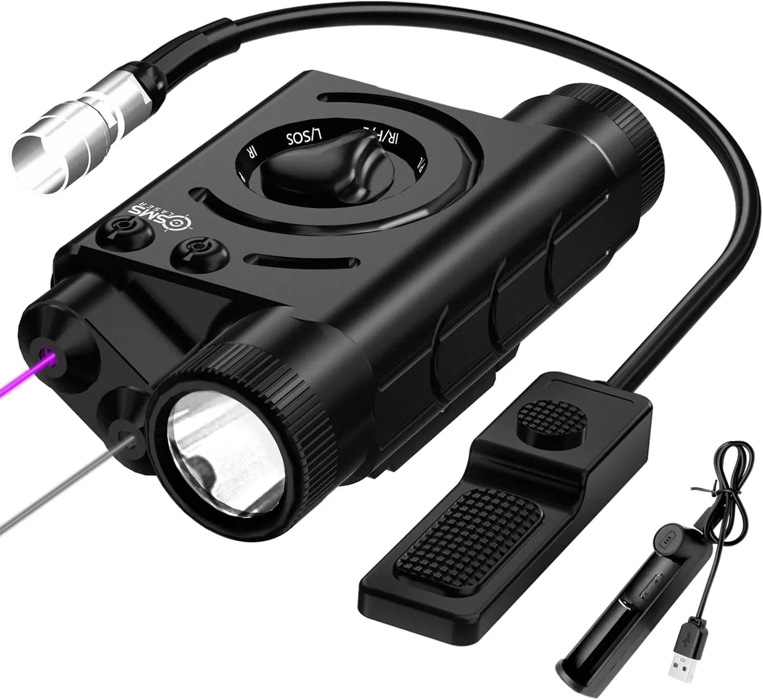SMSlaser Upgraded Red/Green/Blue/Purple Laser Sight   Infrared(IR) Laser Beam   1200 Lumens Tactical Flashlight with Rechargeable Battery, Including Battery Charger and Remote Control Switch