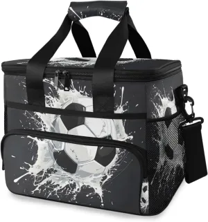 Soccer Ball Black Cooler Bag Insulated Cooler Soft Sided Cooler 24 Can Portable Picnic Bag Large Leakproof Lunch Bag Box for Beach Grocery Camping Travel Car Men Women