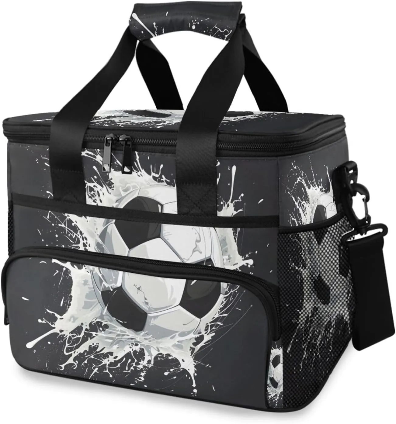 Soccer Ball Black Cooler Bag Insulated Cooler Soft Sided Cooler 24 Can Portable Picnic Bag Large Leakproof Lunch Bag Box for Beach Grocery Camping Travel Car Men Women
