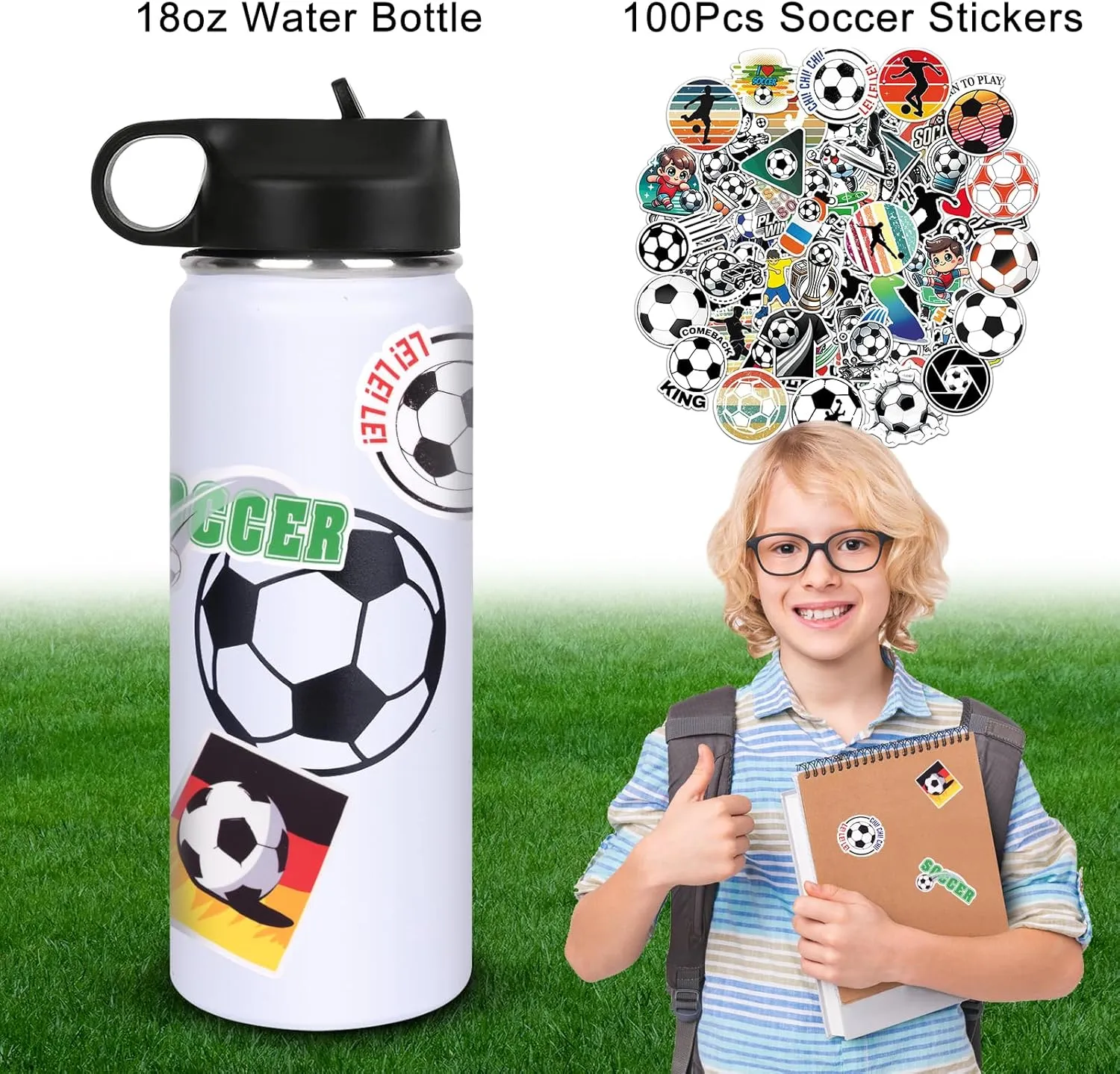 Soccer Water Bottles for Boys 18oz and 100PCS Stickers Personalized Stainless Steel Insulated Sports Water Bottle Soccer Gifts Accessories Stuff Gear For 8-12 12-14 Player
