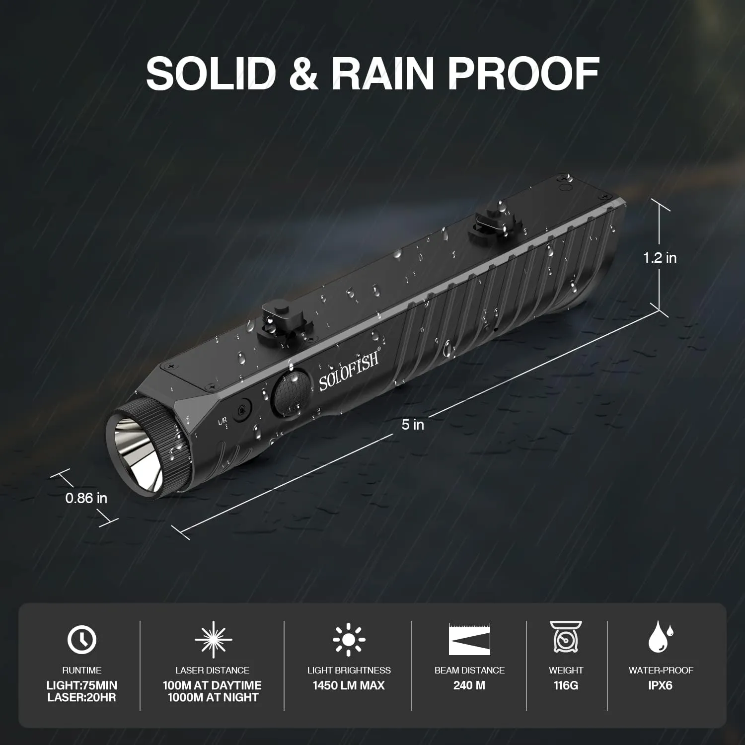 Solofish 1450 Lumens Tactical Flashlight with Red Laser Sight is Compatible with Mlok Rail, Magnetic Rechargeable Laser Light Combo