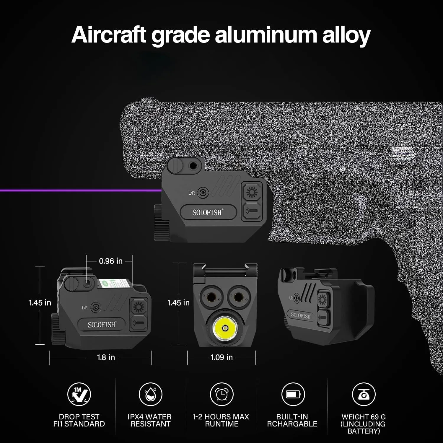 SOLOFISH 500lm Pistol Light and Purple/Infrared (IR)/Green Blue Beam Combo, Rechargeable Aluminum Weapon Light and Beams for Guns with a Rail