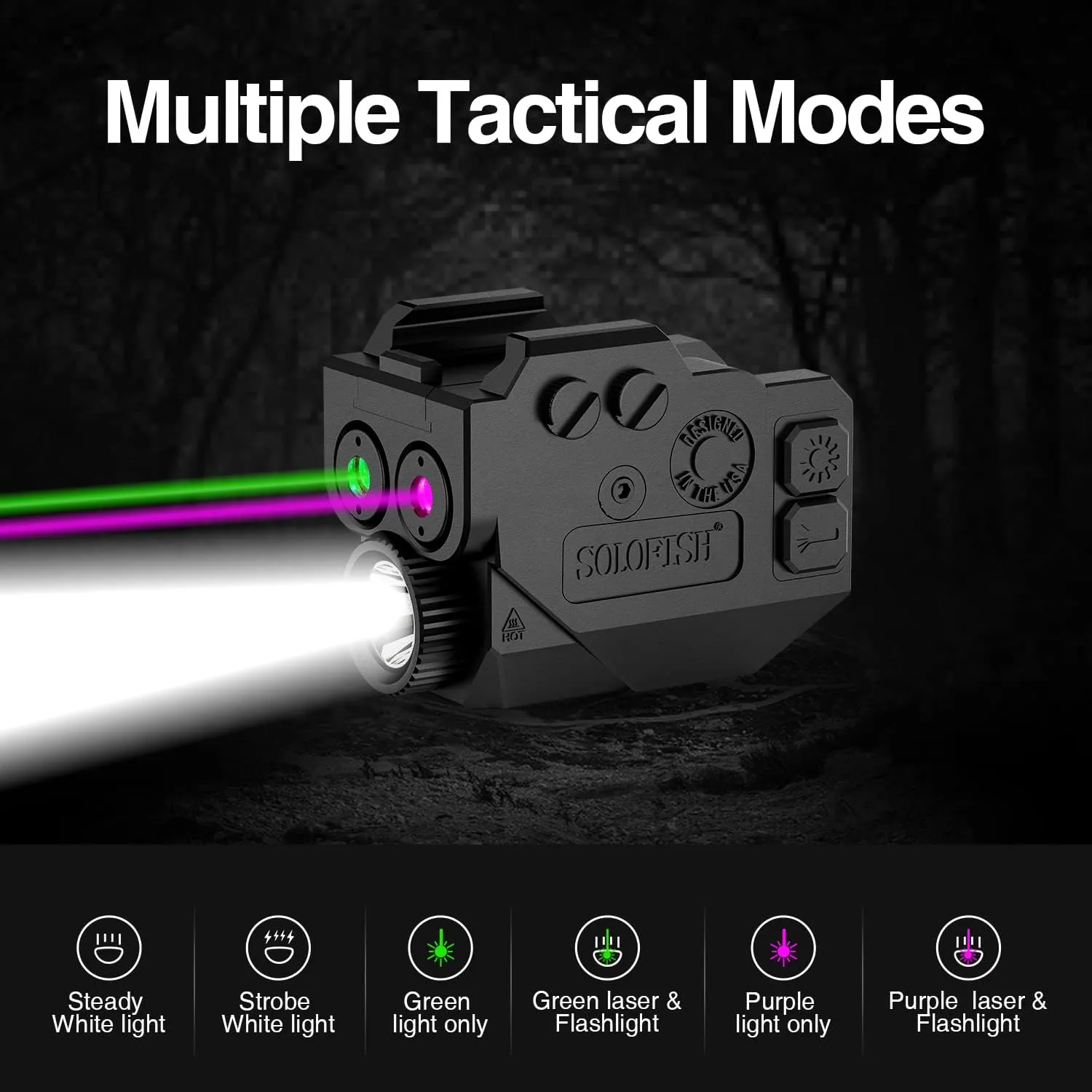 SOLOFISH 500lm Pistol Light and Purple/Infrared (IR)/Green Blue Beam Combo, Rechargeable Aluminum Weapon Light and Beams for Guns with a Rail