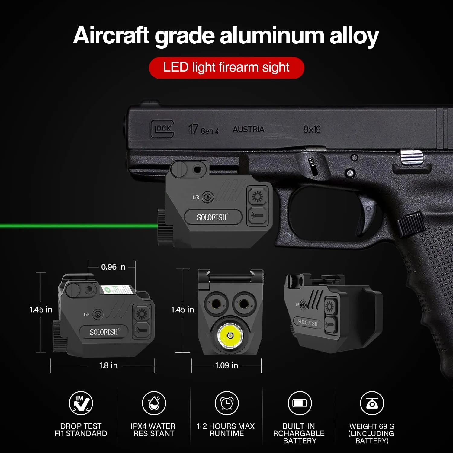 SOLOFISH 500lm Pistol Light and Purple/Infrared (IR)/Green Blue Beam Combo, Rechargeable Aluminum Weapon Light and Beams for Guns with a Rail