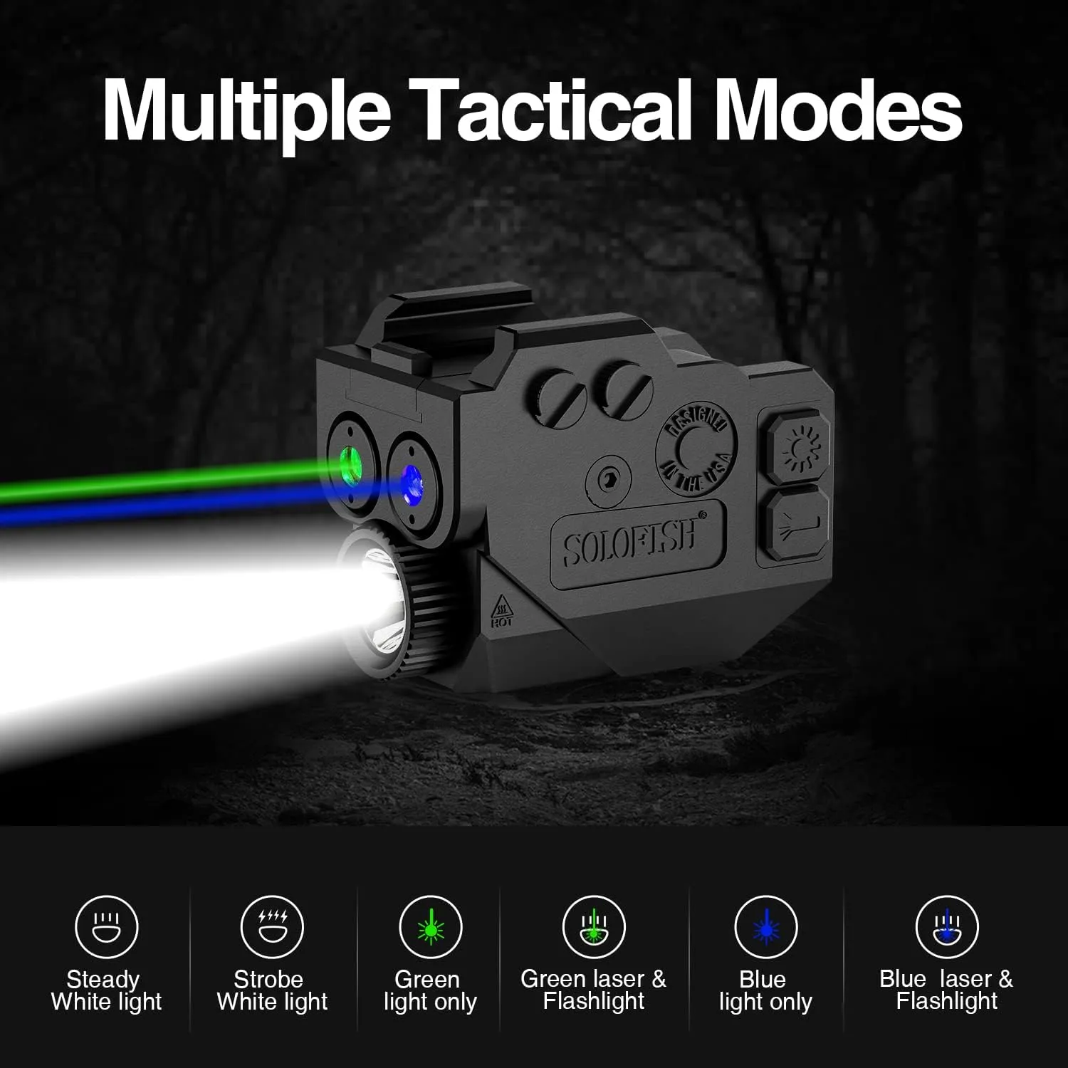 SOLOFISH 500lm Pistol Light and Purple/Infrared (IR)/Green Blue Beam Combo, Rechargeable Aluminum Weapon Light and Beams for Guns with a Rail