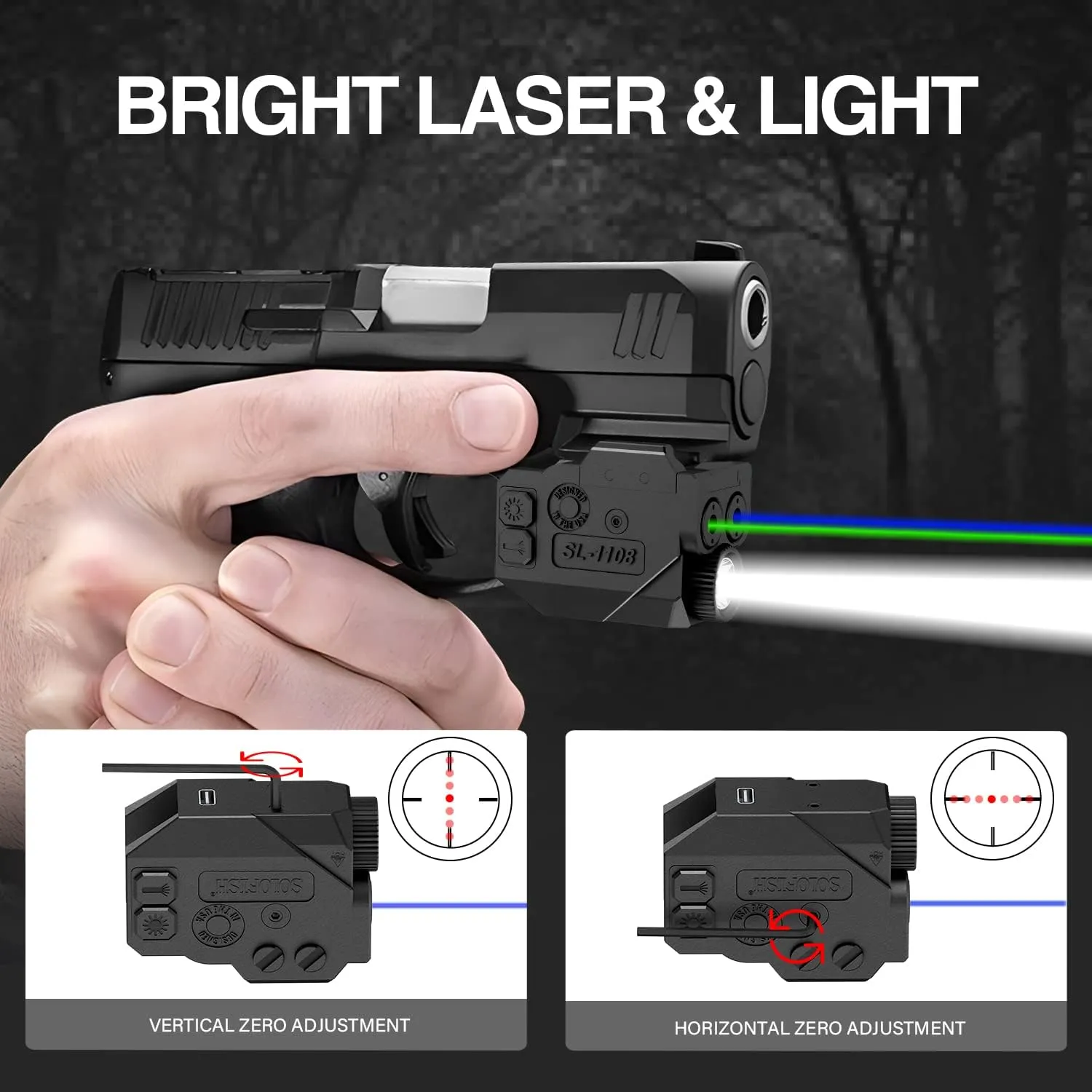 SOLOFISH 500lm Pistol Light and Purple/Infrared (IR)/Green Blue Beam Combo, Rechargeable Aluminum Weapon Light and Beams for Guns with a Rail