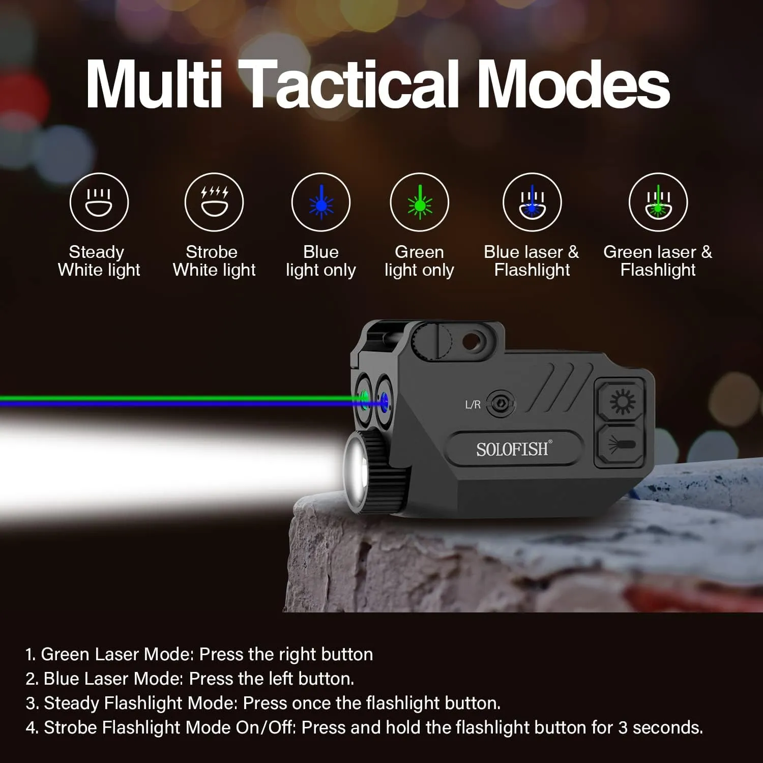 SOLOFISH 500lm Pistol Light and Purple/Infrared (IR)/Green Blue Beam Combo, Rechargeable Aluminum Weapon Light and Beams for Guns with a Rail