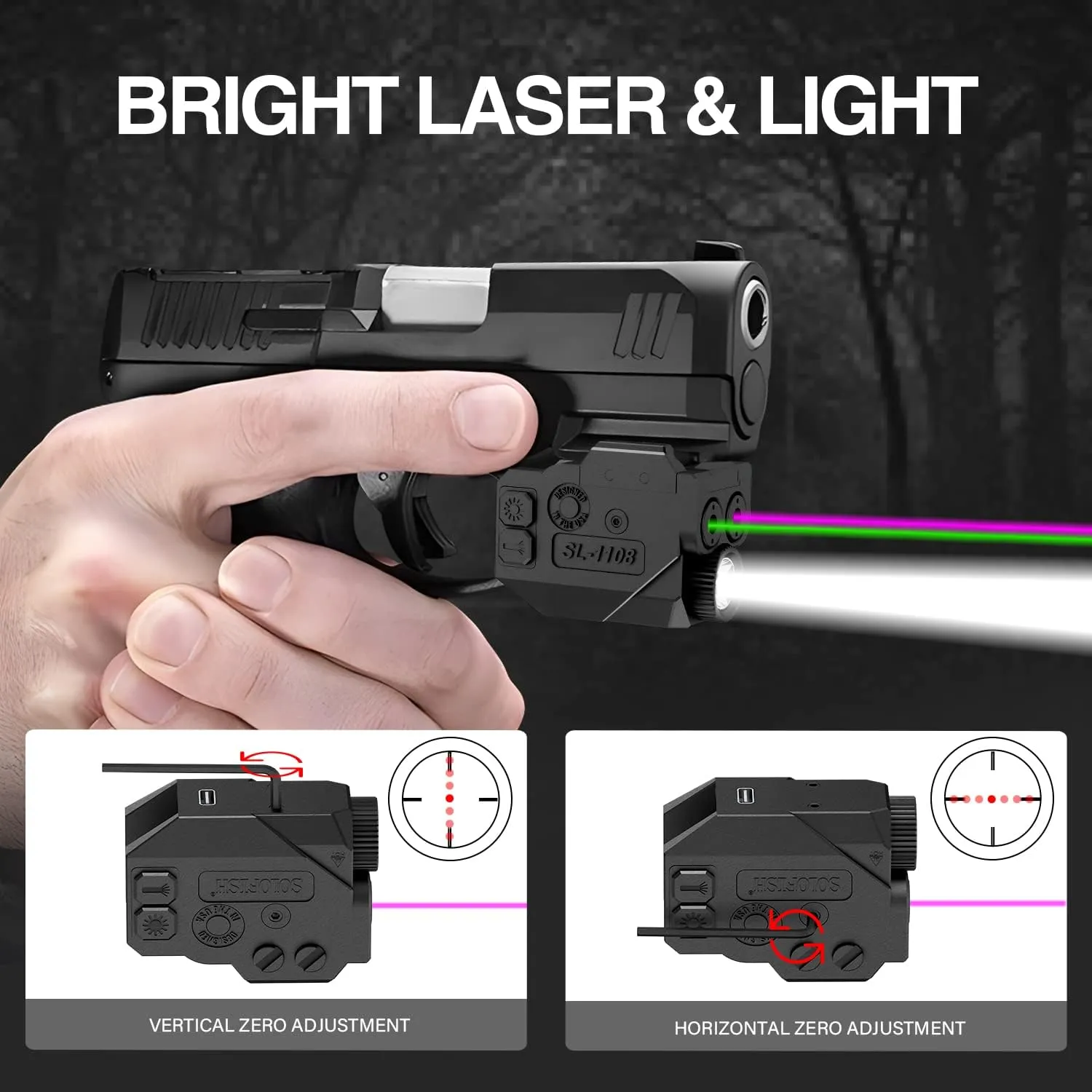 SOLOFISH 500lm Pistol Light and Purple/Infrared (IR)/Green Blue Beam Combo, Rechargeable Aluminum Weapon Light and Beams for Guns with a Rail