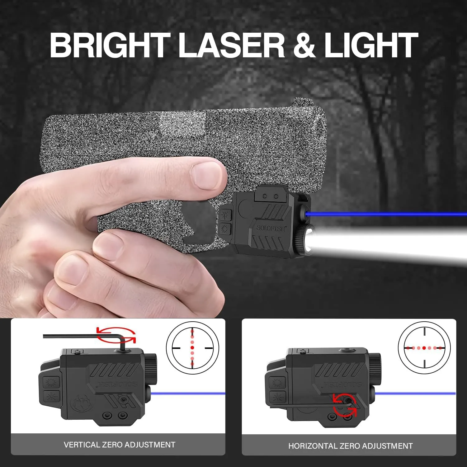 Solofish 800 Lumens Adjustable Pistol Light Laser Combo, Strobe Function Blue Laser and Tactical Light Fits for Full Size with Rail