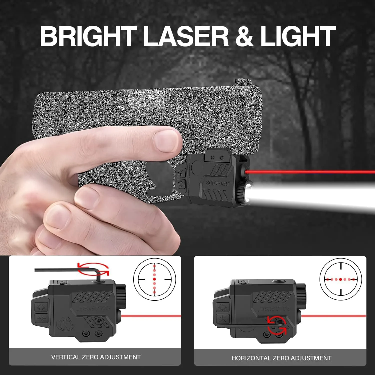 Solofish 800 Lumens Adjustable Pistol Light Laser Combo, Strobe Function Red Laser and Tactical Light Fits for Full Size Guns with Rail