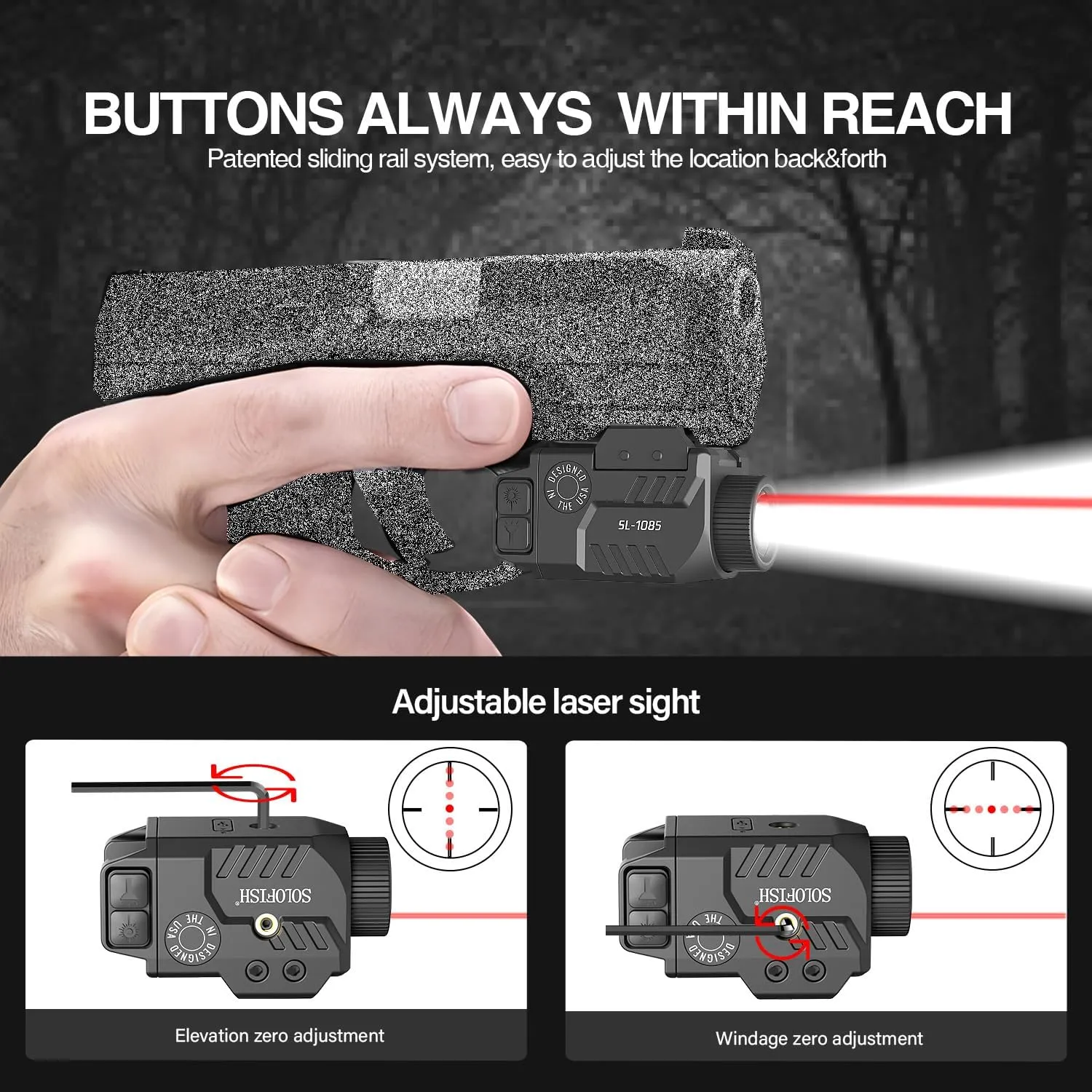 Solofish 800lm Adjustable Pistol Light Laser Combo Fits for Full & Compact Rail, Shockproof Red Laser Sight and Gun Light with Strobe Function, Rechargeable (Laser Output is <5mW, Class IIIA)