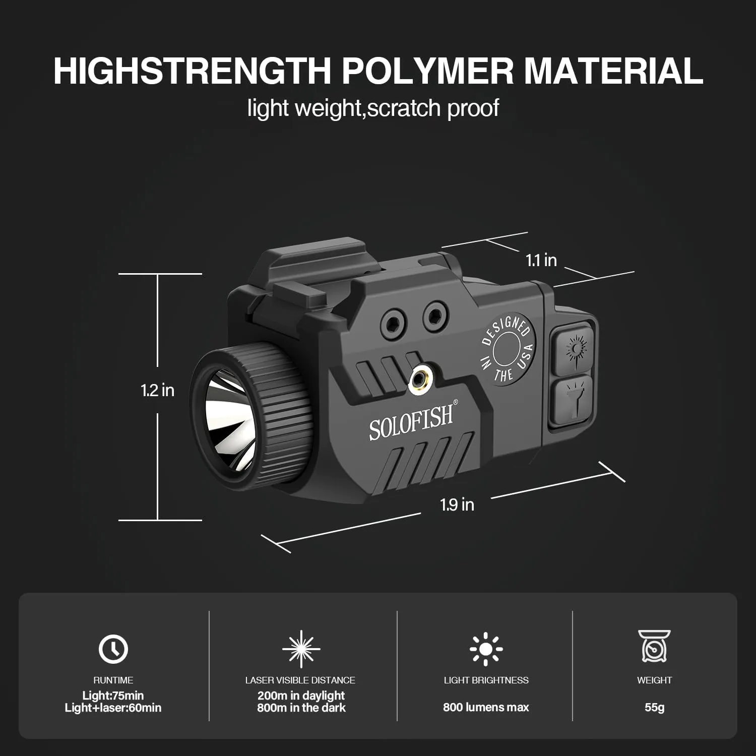 Solofish 800lm Adjustable Pistol Light Laser Combo Fits for Full Rail, Shockproof Blue Laser Sight and Gun Light with Strobe Function, Rechargeable (Laser Output is <5mW, Class IIIA)