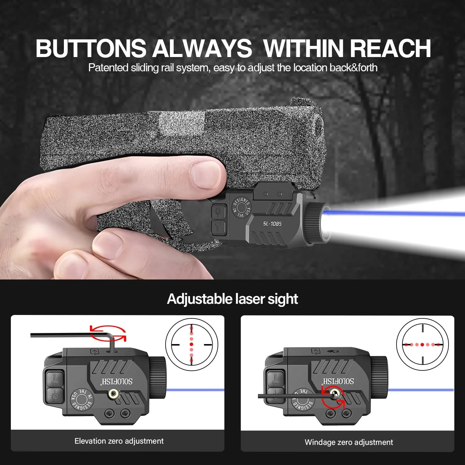 Solofish 800lm Adjustable Pistol Light Laser Combo Fits for Full Rail, Shockproof Blue Laser Sight and Gun Light with Strobe Function, Rechargeable (Laser Output is <5mW, Class IIIA)