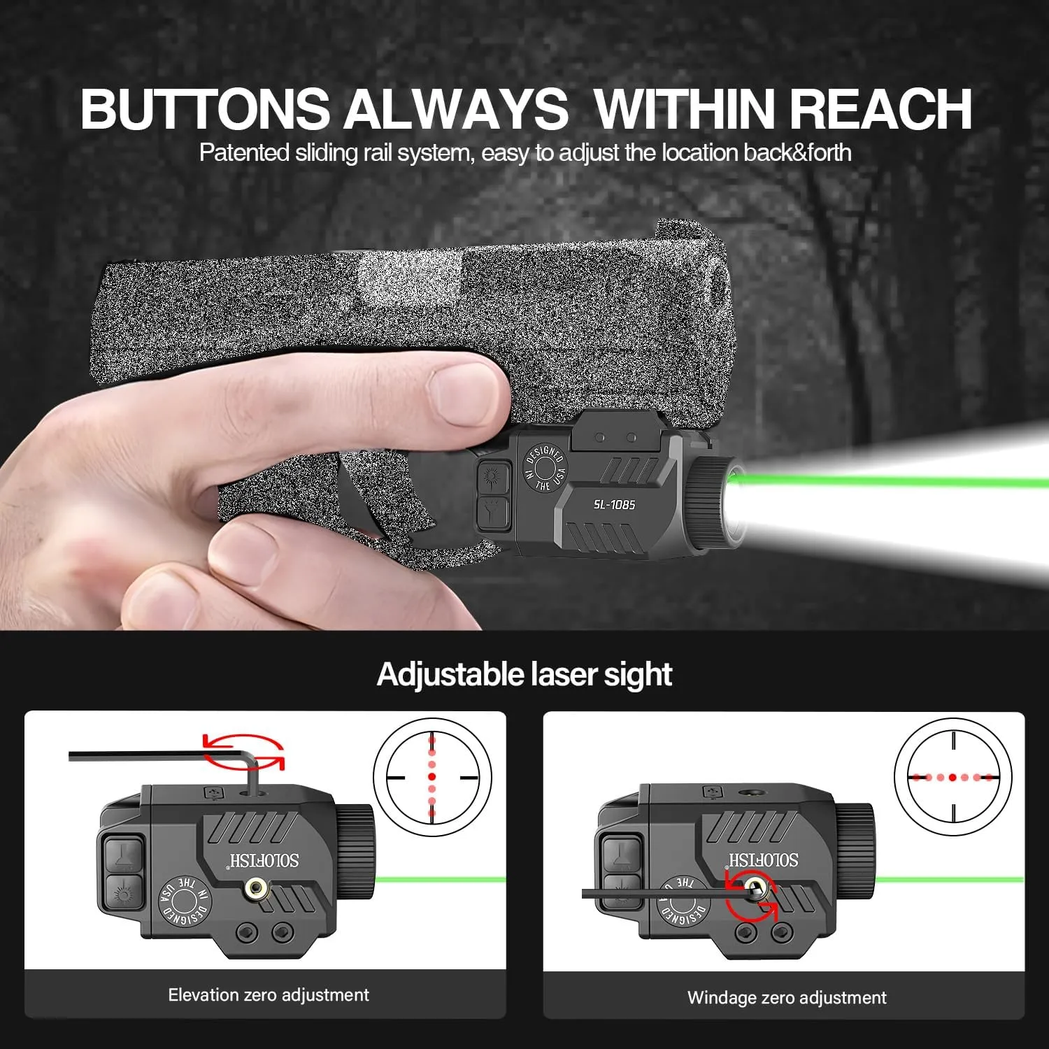 Solofish 800lm Pistol Light Laser Combo with Adjustable Rail for Full & Compact Rail, Shockproof Green Laser Sight and Gun Light with Strobe Function, Rechargeable