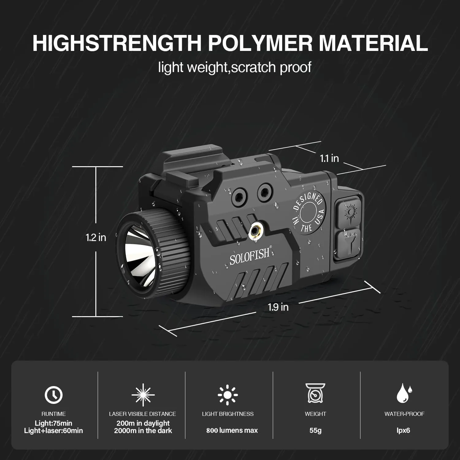 Solofish 800lm Pistol Light Laser Combo with Adjustable Rail for Full & Compact Rail, Shockproof Green Laser Sight and Gun Light with Strobe Function, Rechargeable