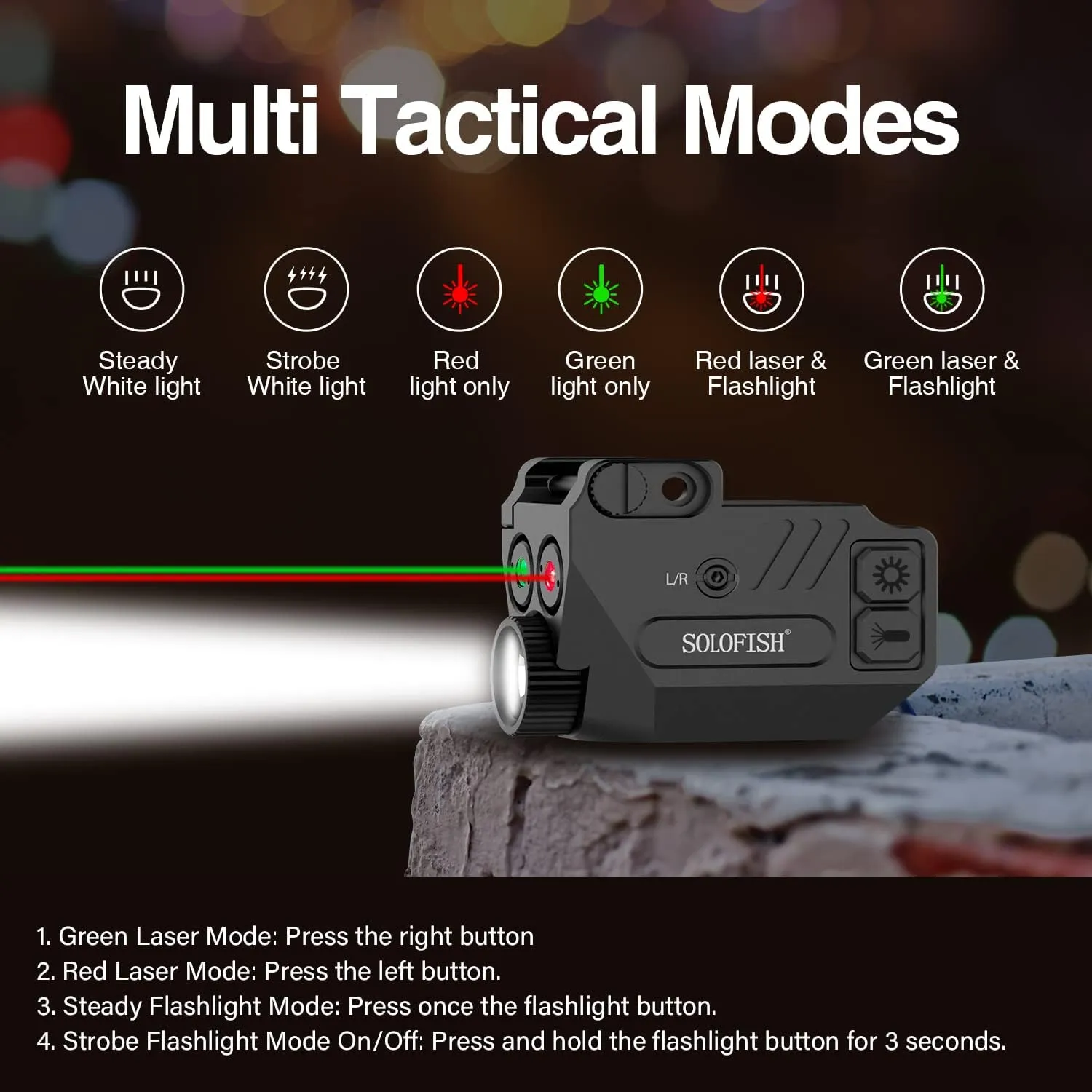 Solofish Aluminum 500lm Pistol Laser Light Combo Red Green Laser Beams for Guns with Tactical Strobe Handgun Lights Laser Sight Compatible with Glock