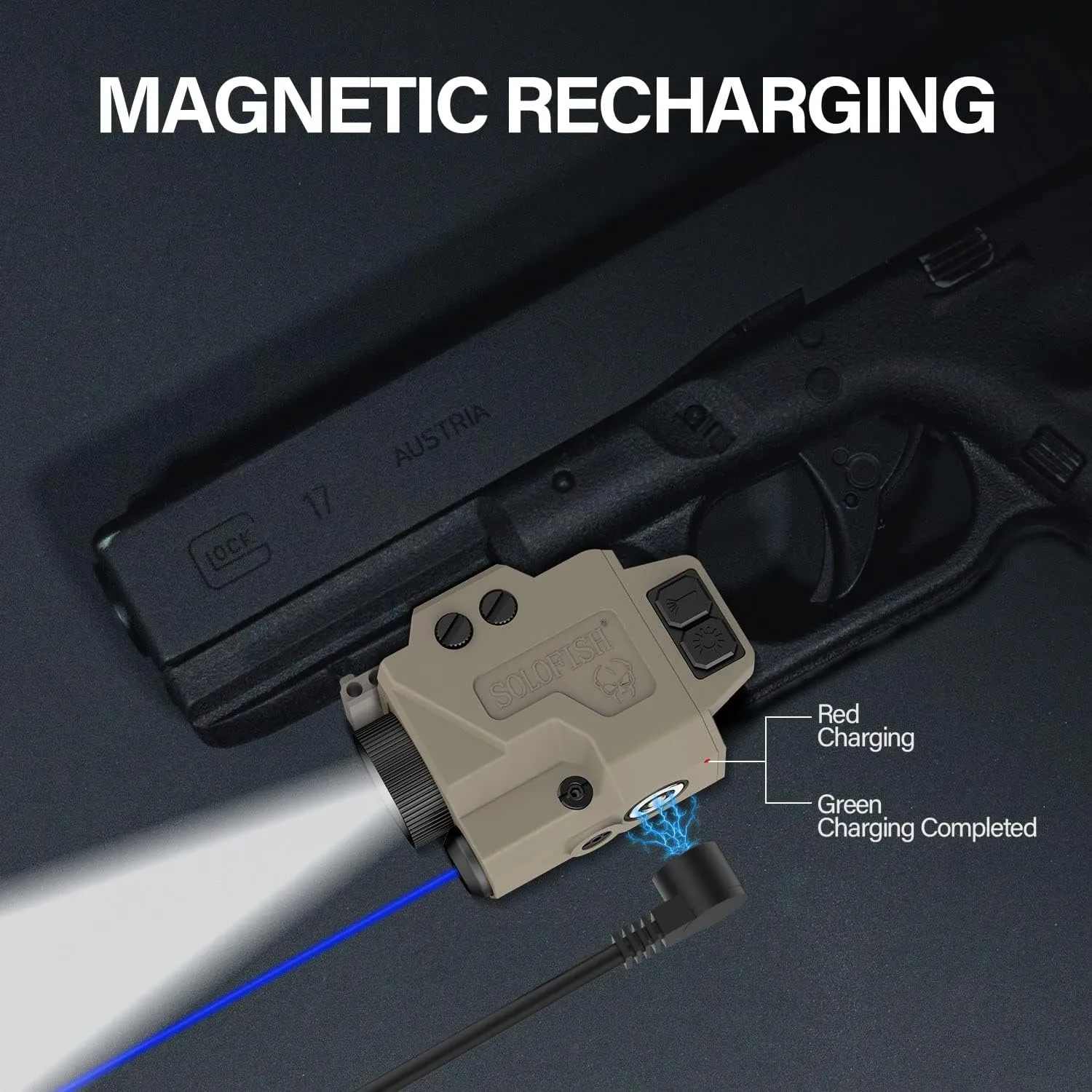 SOLOFISH Low Profile Beams for Guns, Magnetic Rechargeable Green Blue Red Beam for Pistol Handgun, Shockproof Compatible with Glock 17 19