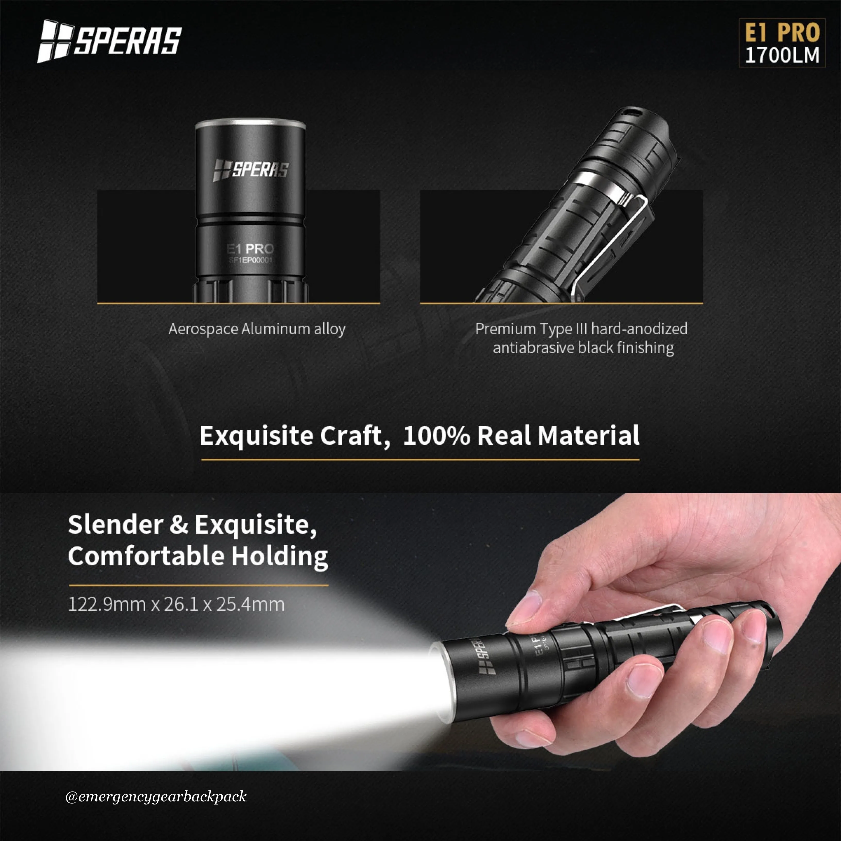 SPERAS E1 PRO 1700LMS 284M EDC Tactical Flashlight