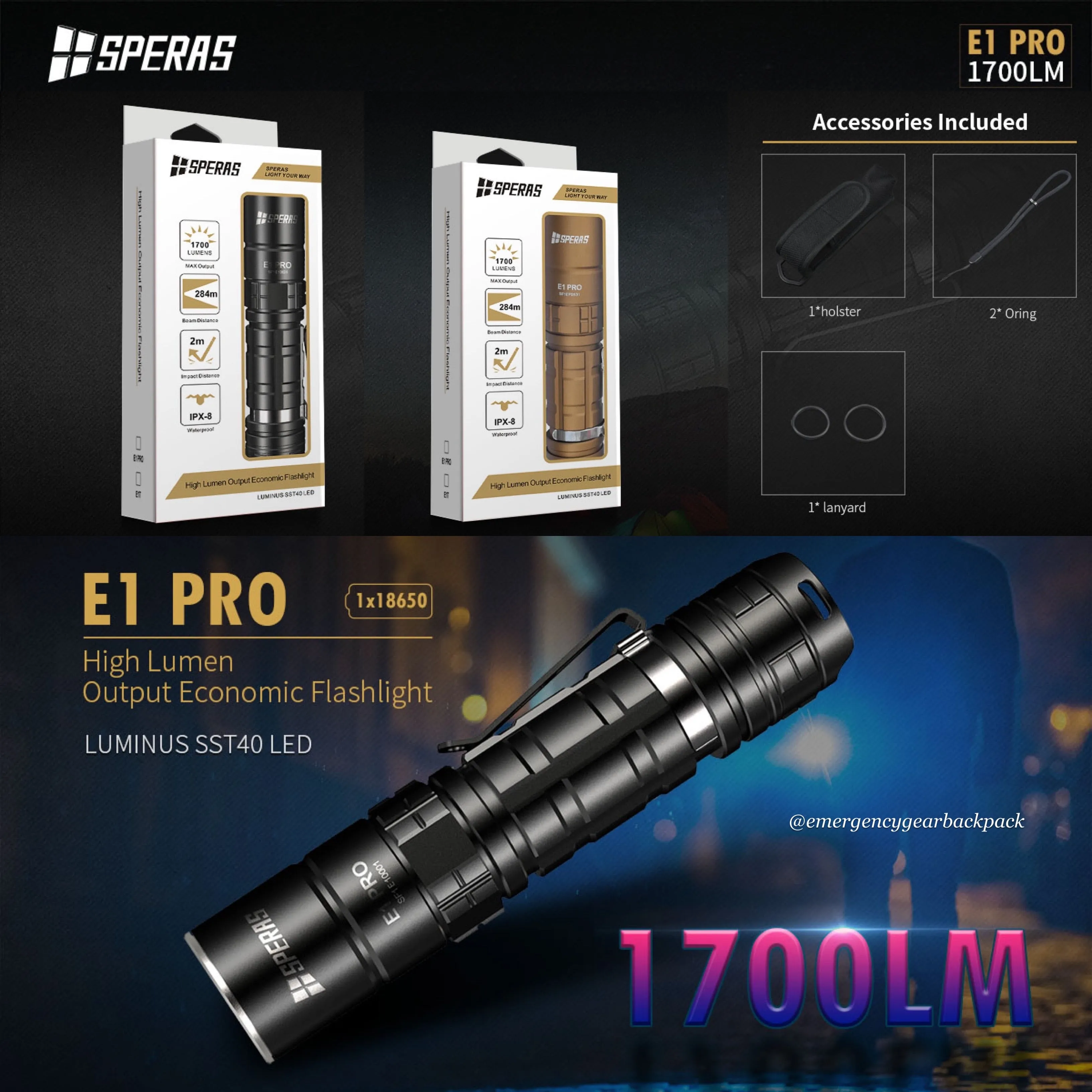 SPERAS E1 PRO 1700LMS 284M EDC Tactical Flashlight