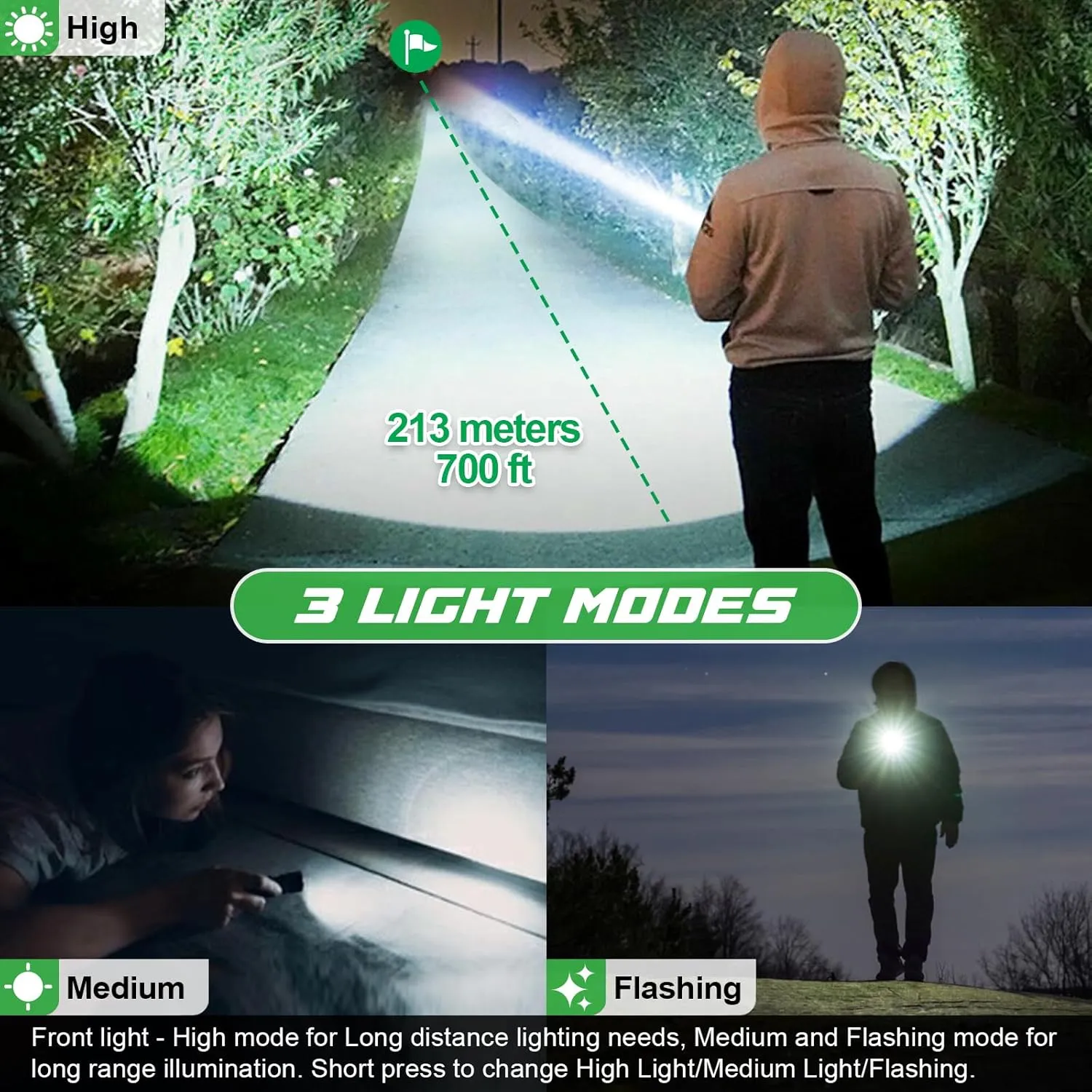 Spurtar Solar/Rechargeable LED Flashlight, 2 Packs 2000mAh USB Rechargeable Tactical Torch Multi Function Ultra Bright Flashlight 7 Modes for Outdoor, Camping, Hiking