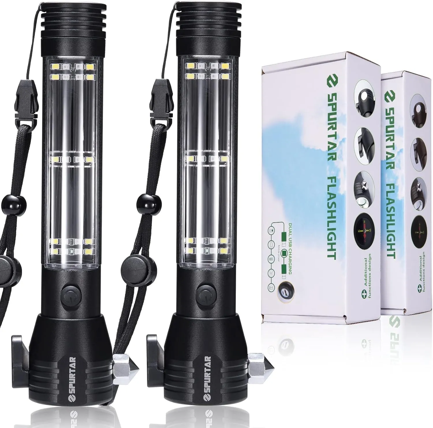 Spurtar Solar/Rechargeable LED Flashlight, 2 Packs 2000mAh USB Rechargeable Tactical Torch Multi Function Ultra Bright Flashlight 7 Modes for Outdoor, Camping, Hiking
