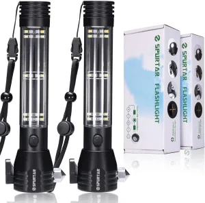 Spurtar Solar/Rechargeable LED Flashlight, 2 Packs 2000mAh USB Rechargeable Tactical Torch Multi Function Ultra Bright Flashlight 7 Modes for Outdoor, Camping, Hiking