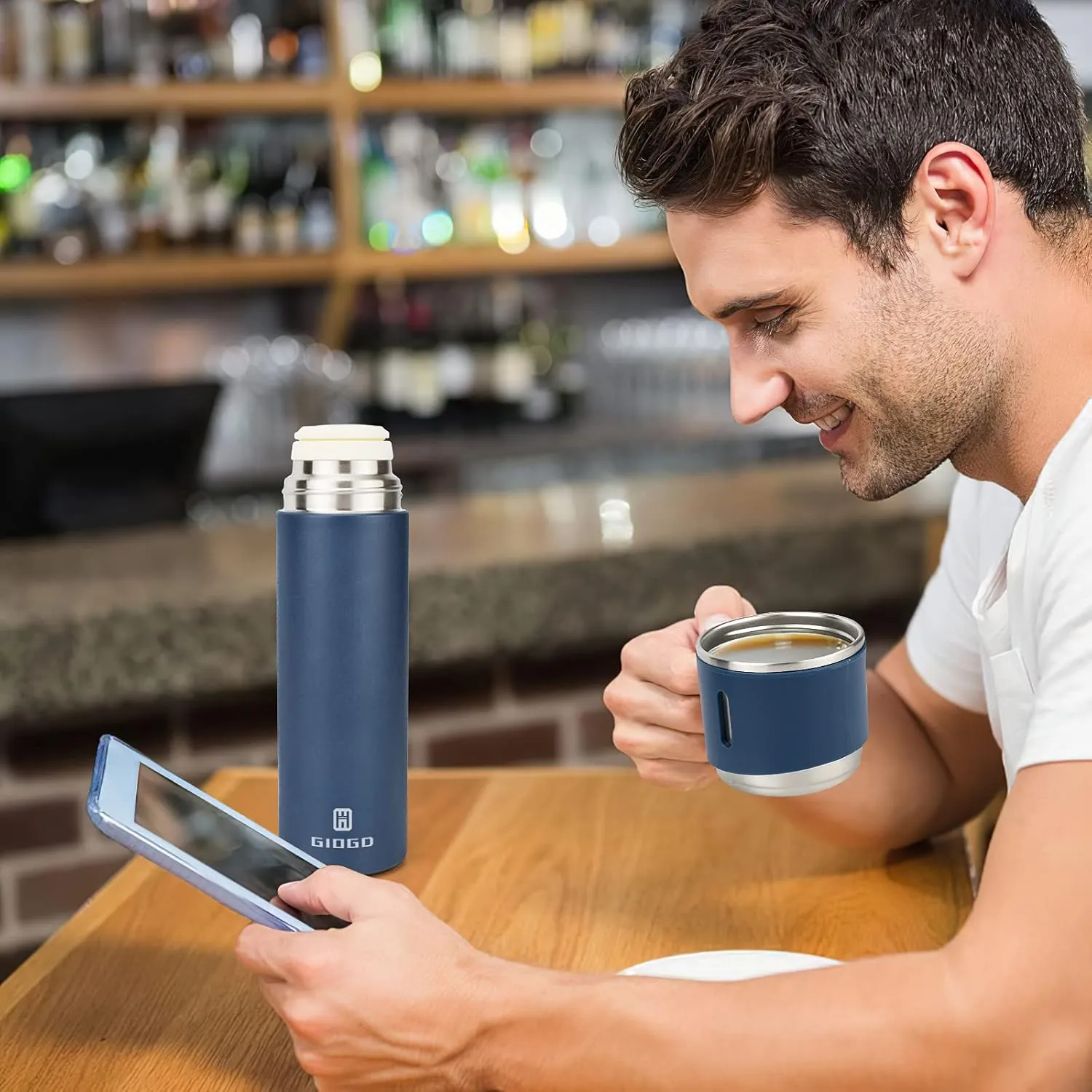 Stainless Steel Thermo 500ml/16.9oz Vacuum Insulated Bottle with Cup for Coffee Hot drink and Cold drink water flask.(Blue,Single)