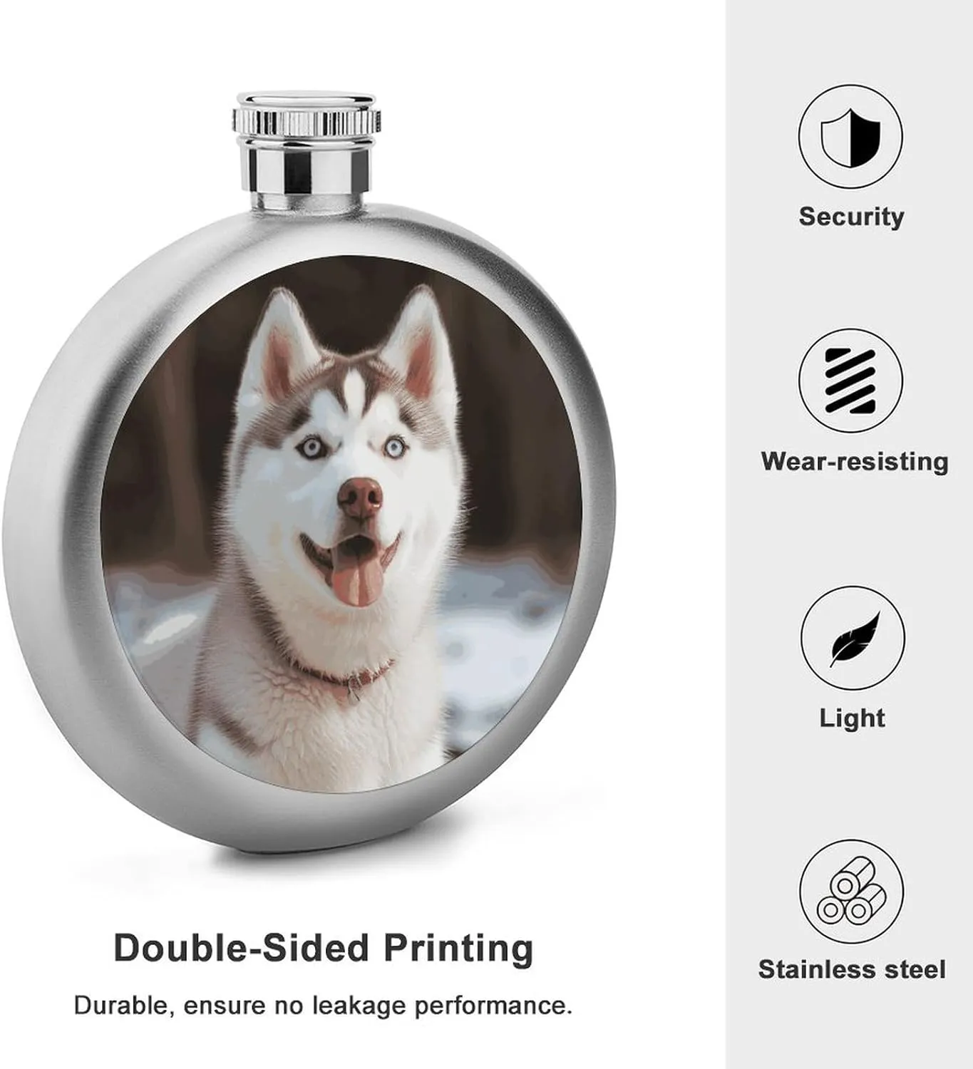 Stainless Steel Wine Bottle Liquor Container Husky Piquant Dog Print Leak Proof Hip Flask Durable for Camping Hiking Travel Festivals