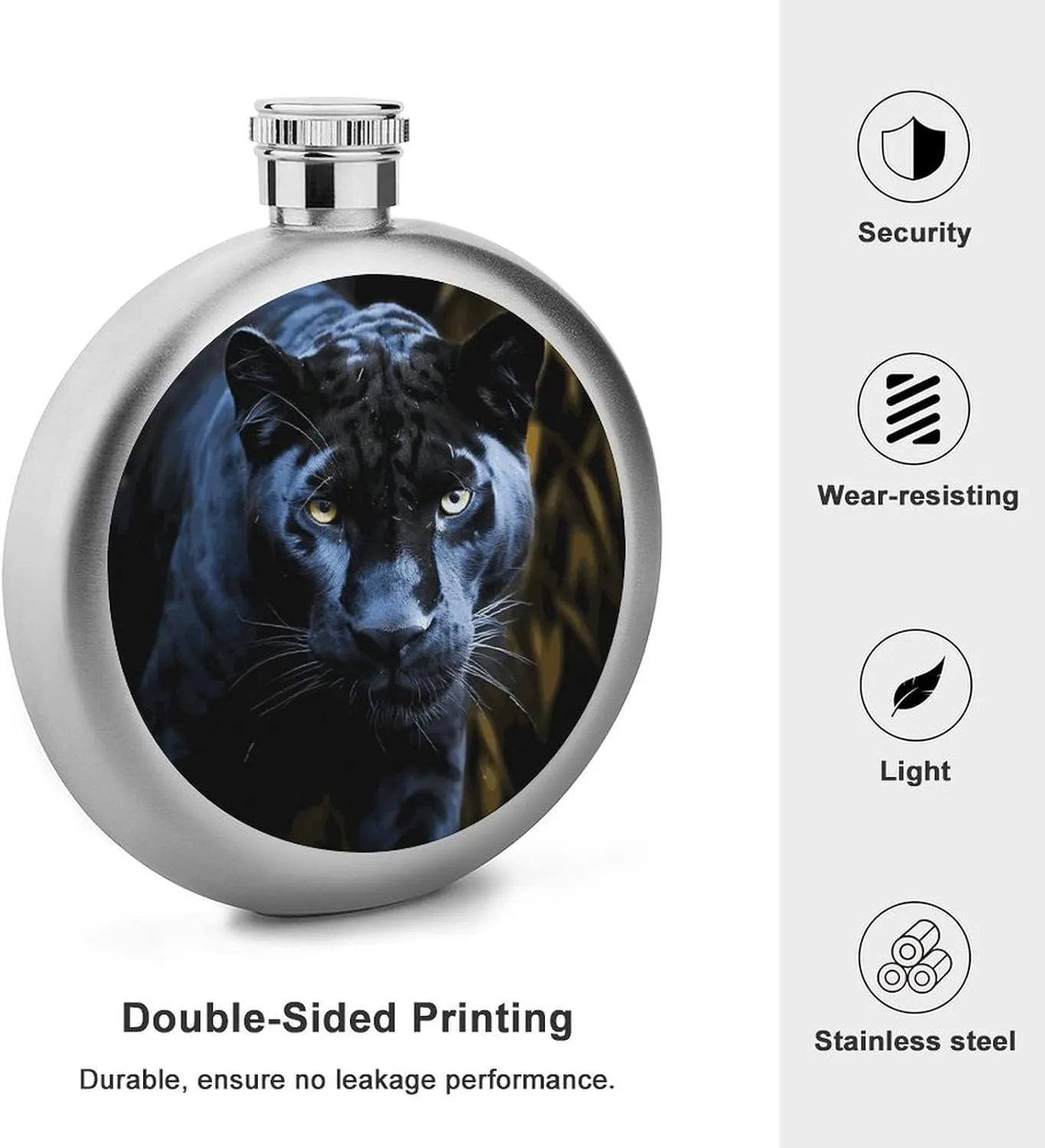 Stainless Steel Wine Bottle Liquor Container Panther With Blue Eyes Print Leak Proof Hip Flask Durable for Camping Hiking Travel Festivals