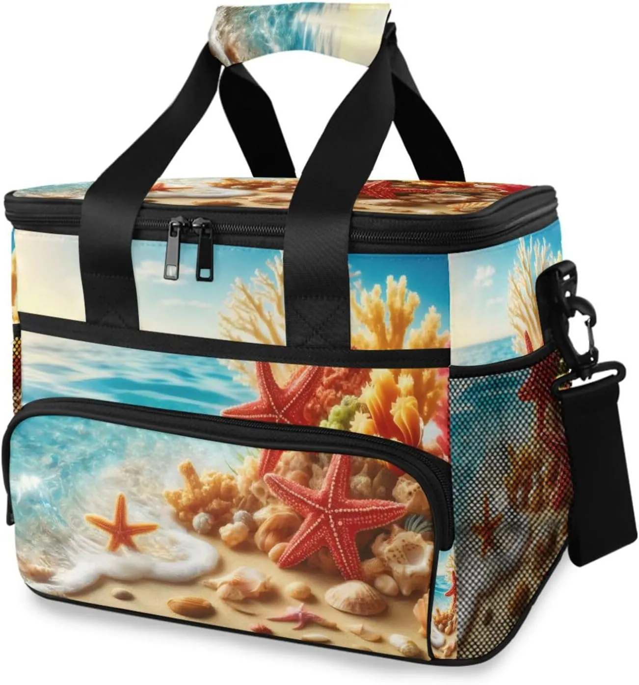 Starfish Coral Seashell Beach Sea Cooler Bag Insulated Cooler Soft Sided Cooler 24 Can Portable Picnic Bag Large Leakproof Lunch Bag Box for Beach Grocery Camping Travel Car Men Women