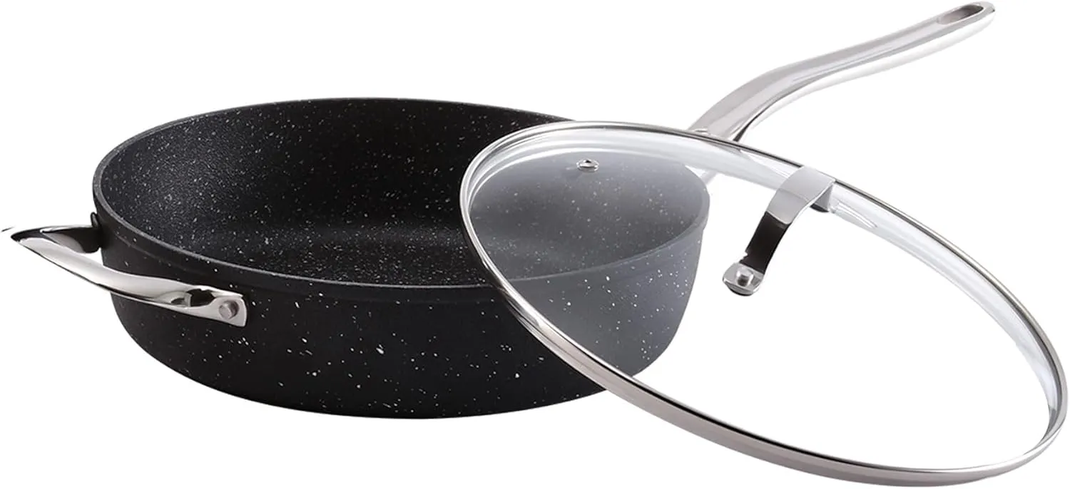 Starfrit The Rock Classic 11" (28cm) Non-Stick Deep Fry Pan with Helper Handle and Glass lid - Durable Forged Aluminum - Oven Safe - PFOA Free - Easy to Clean