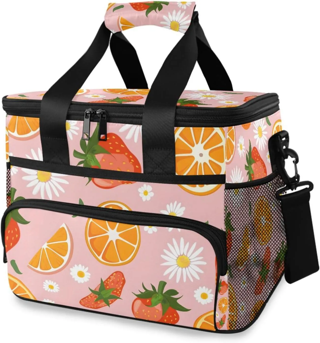 Strawberry Orange Fruit Daisy Flower Cooler Bag Insulated Cooler Soft Sided Cooler 24 Can Portable Picnic Bag Large Leakproof Lunch Bag Box for Beach Grocery Camping Travel Car Men Women