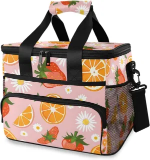 Strawberry Orange Fruit Daisy Flower Cooler Bag Insulated Cooler Soft Sided Cooler 24 Can Portable Picnic Bag Large Leakproof Lunch Bag Box for Beach Grocery Camping Travel Car Men Women