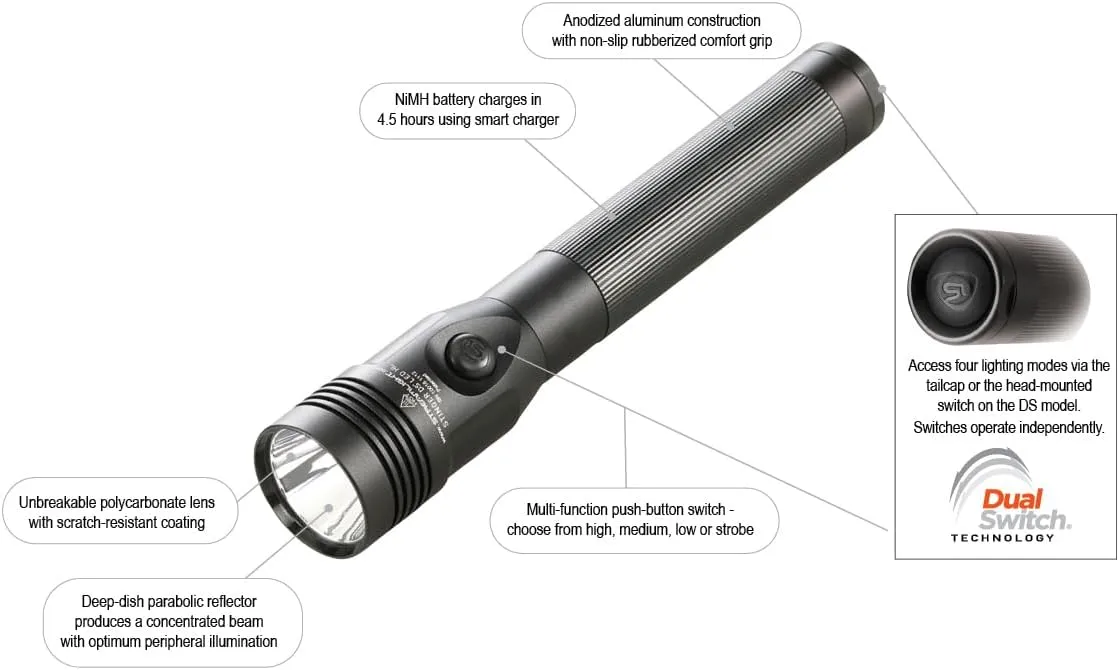 Streamlight 75456 Stinger DS LED High Lumen Rechargeable Flashlight with 12-Volt DC Charger - 800 Lumens, Black