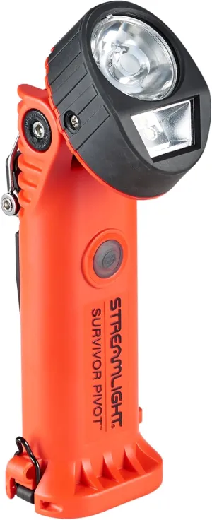 Streamlight 91802 Survivor Pivot 325-Lumen Right Angle Articulating Dual Beam Rechargeable Flashlight with 120V/100V AC/12V DC and Clip, Orange