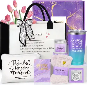 Suhctuptx Thank You Gifts for Women, Employee Appreciation Gift, Appreciation Basket for Coworkers Teachers Employees, Gratitude Box with Canvas Tote Bag Thank You for Being Awesome Tumbler Purple