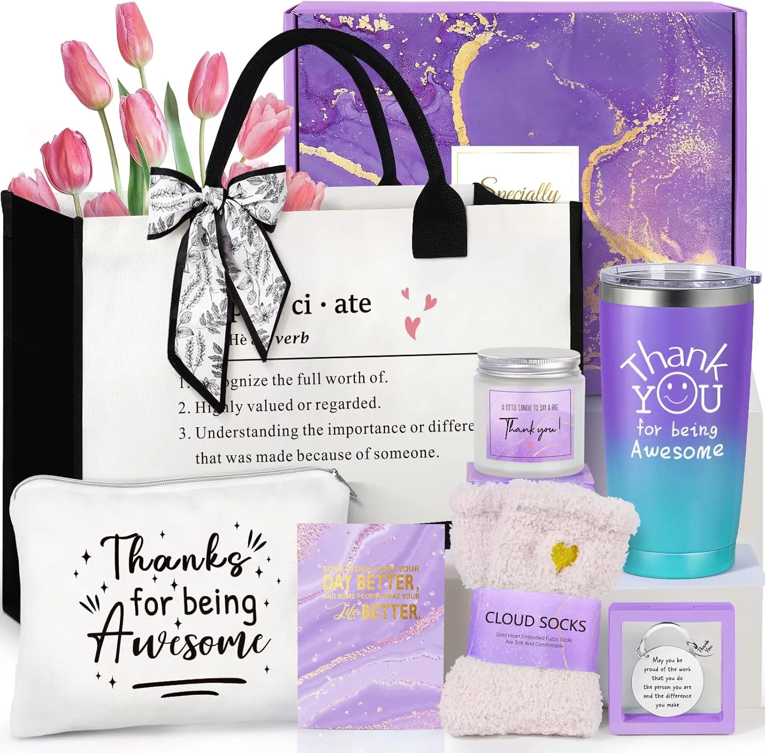 Suhctuptx Thank You Gifts for Women, Employee Appreciation Gift, Appreciation Basket for Coworkers Teachers Employees, Gratitude Box with Canvas Tote Bag Thank You for Being Awesome Tumbler Purple