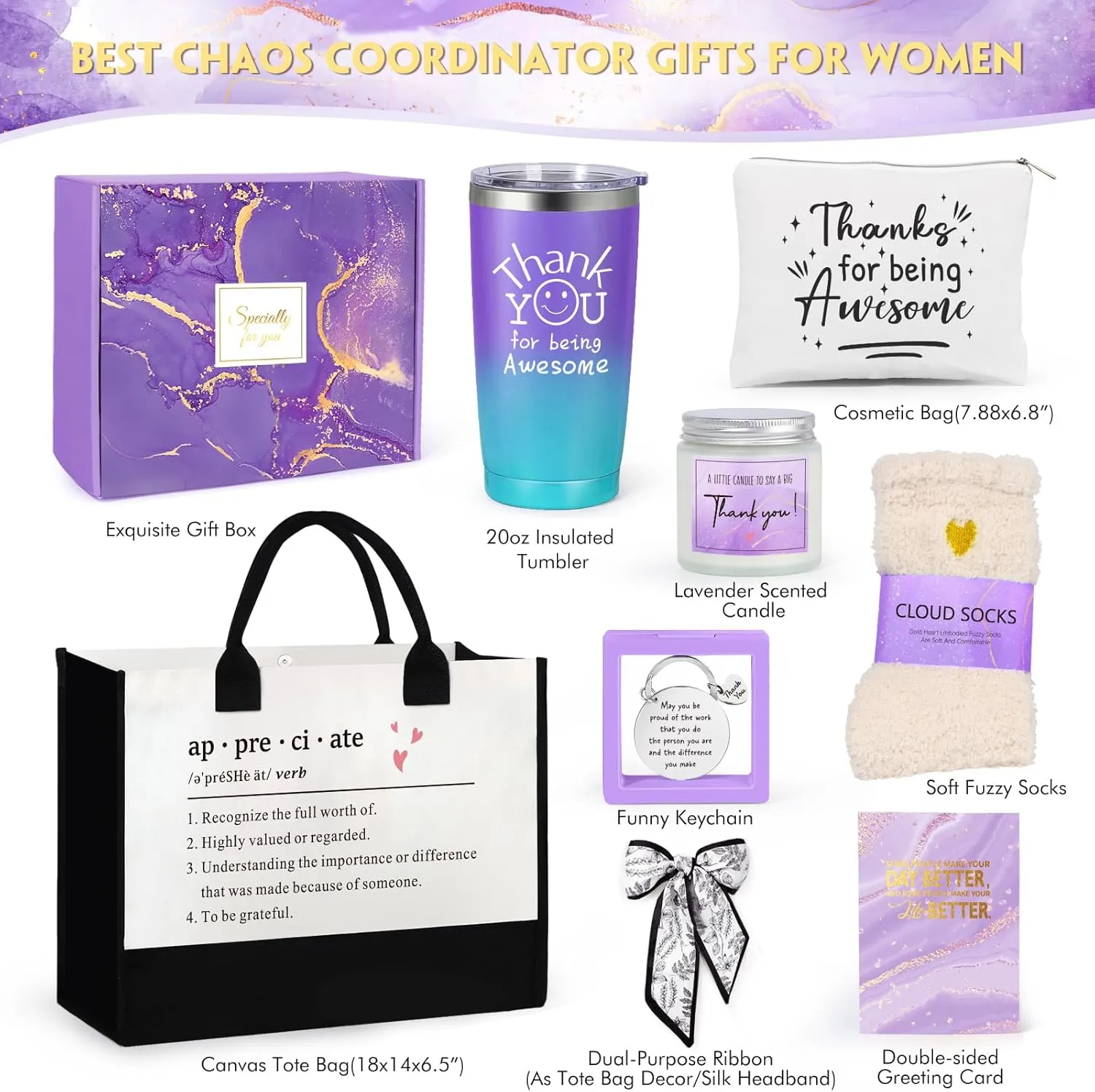 Suhctuptx Thank You Gifts for Women, Employee Appreciation Gift, Appreciation Basket for Coworkers Teachers Employees, Gratitude Box with Canvas Tote Bag Thank You for Being Awesome Tumbler Purple