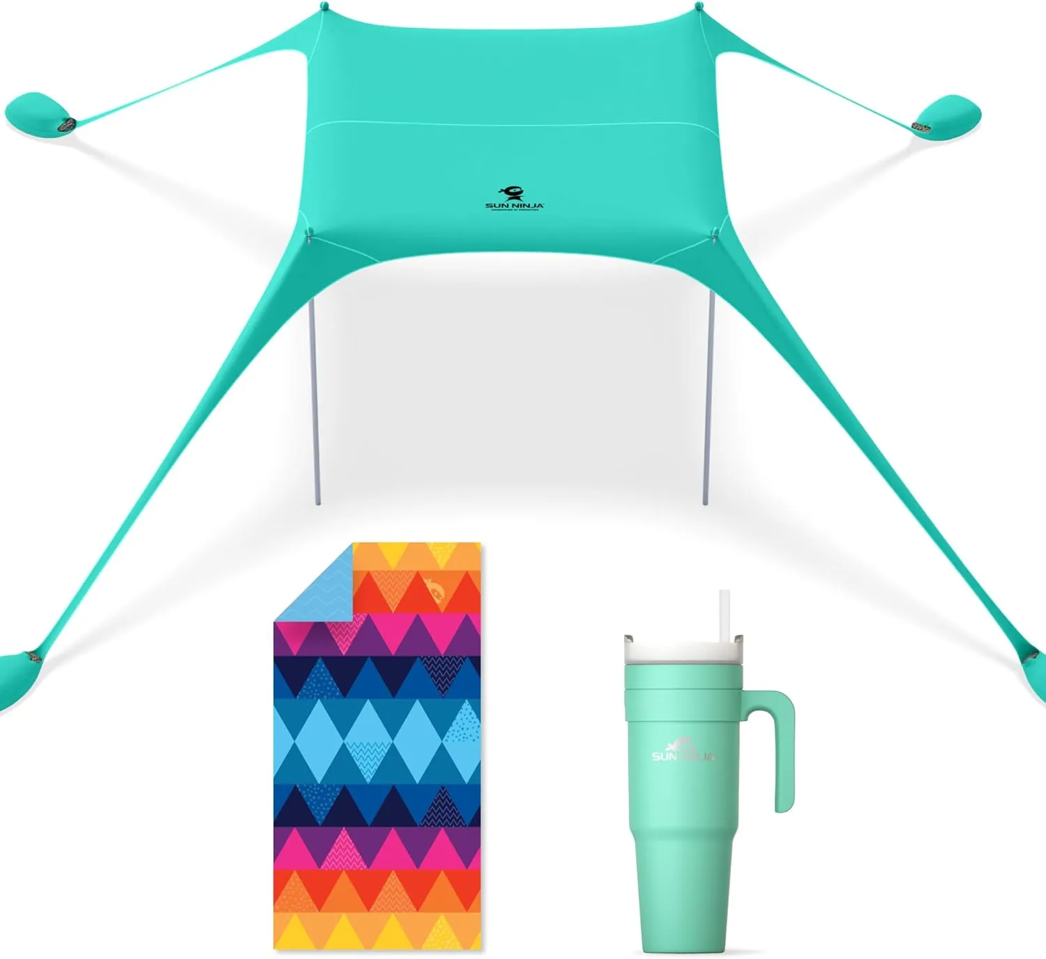 SUN NINJA Beach Tent Bundle with Beach Towel and 40oz Insulated Tumbler - UPF 50  Sun Protection, Sand-Free, Quick-Drying, Easy Setup & Portable for Family Beach Day