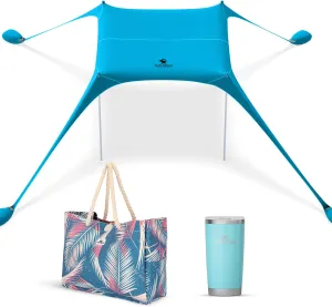 SUN NINJA Beach Tent Bundle with XL Beach Bag, 20oz Tumbler, UPF 50  Sun Shelter, Water-Resistant Tote, Insulated Tumbler for Cold Drinks, Easy Setup & Portable, Complete Beach Day Set