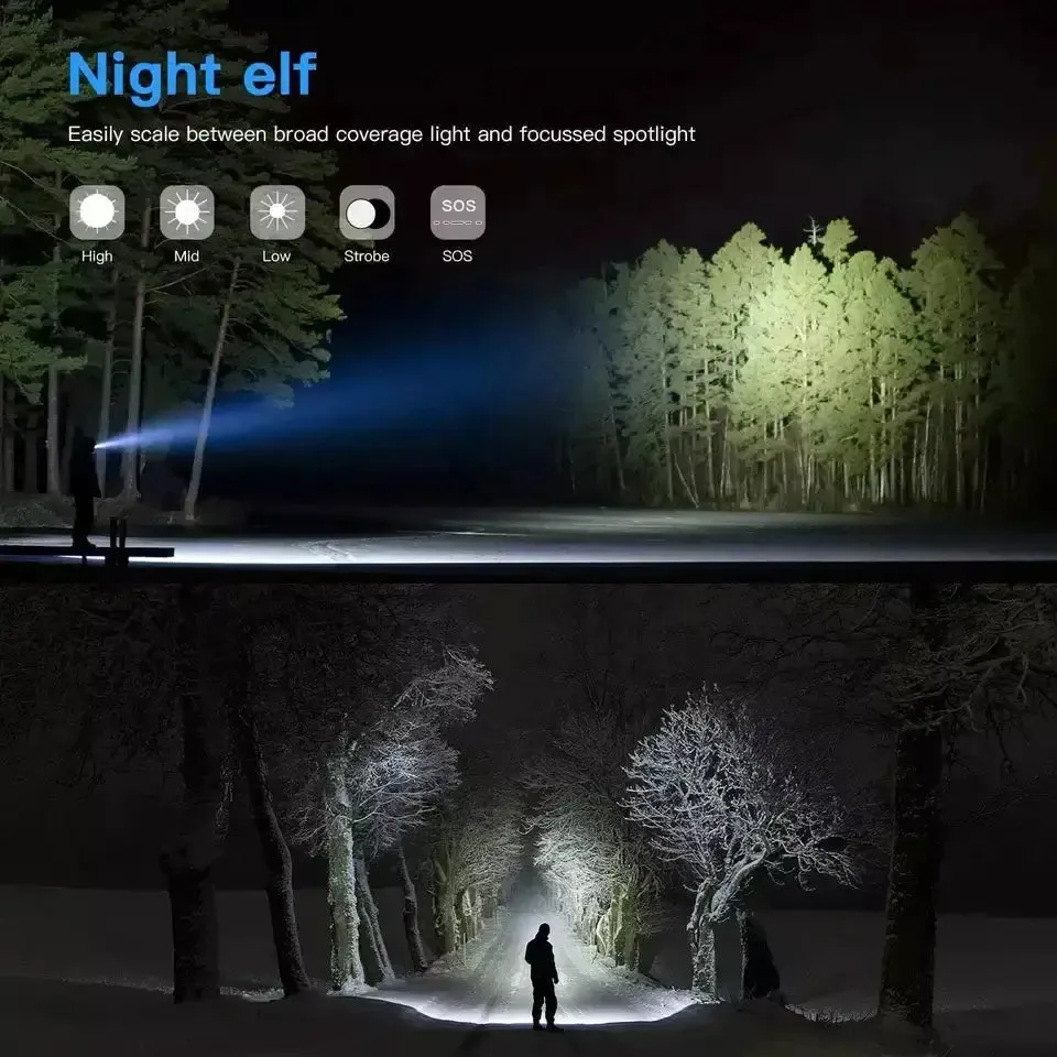 Super-Bright 90000LM LED Outdoor Tactical Flashlight | 5 Modes | Zoomable Torch Searchlight