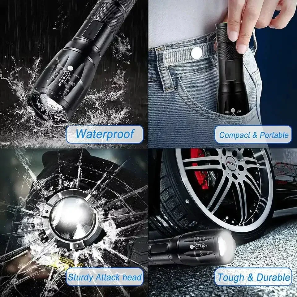 Super-Bright 90000LM LED Outdoor Tactical Flashlight | 5 Modes | Zoomable Torch Searchlight