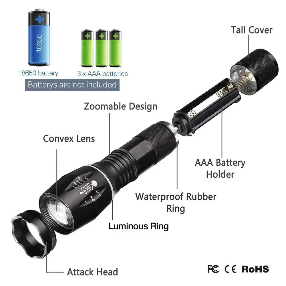 Super-Bright 90000LM LED Outdoor Tactical Flashlight | 5 Modes | Zoomable Torch Searchlight