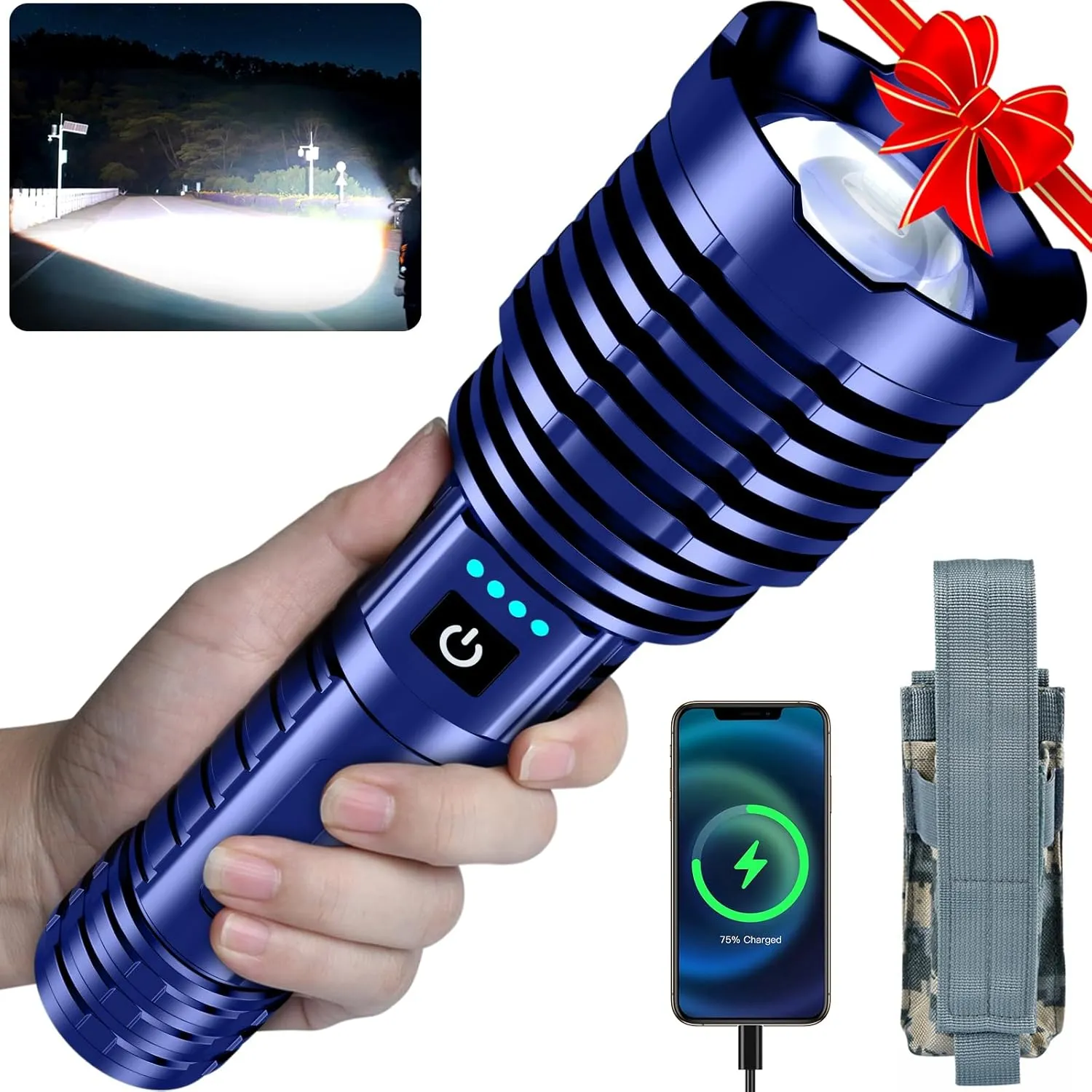 Super Bright Flashlight 2400000 High Lumens, Handheld Flashlight Rechargeable Powered by Battery, LED Waterproof Tactical Flashlights-Zoomable 5 Modes-31H Runtime-Holster for Emergency Camping (Blue)