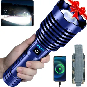 Super Bright Flashlight 2400.000 High Lumens, Handheld Flashlight Rechargeable Powered by Battery, LED Waterproof Tactical Flashlights-Zoomable 5 Modes-31H Runtime-Holster for Emergency Camping (Blue)