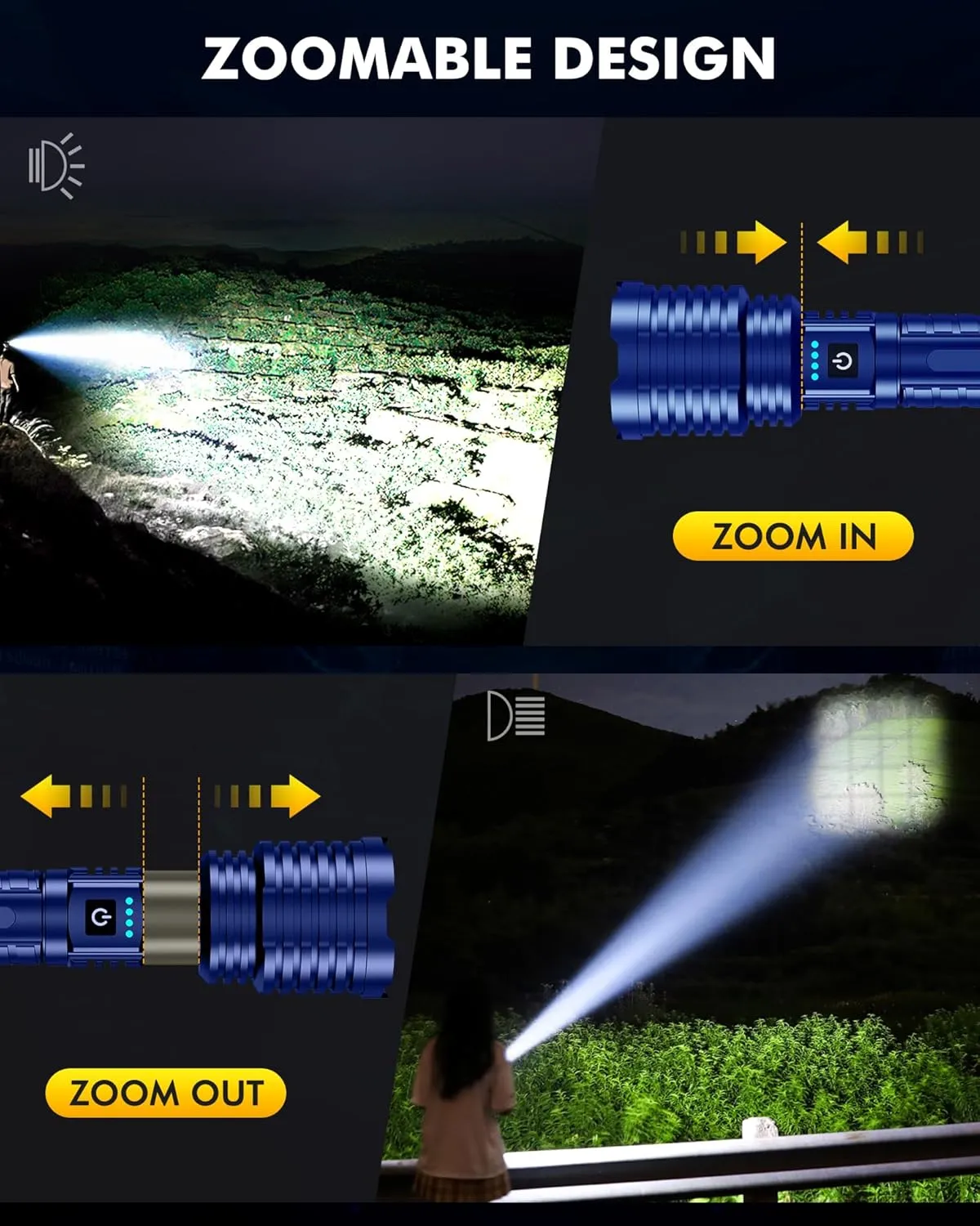 Super Bright Flashlight 2400.000 High Lumens, Handheld Flashlight Rechargeable Powered by Battery, LED Waterproof Tactical Flashlights-Zoomable 5 Modes-31H Runtime-Holster for Emergency Camping (Blue)
