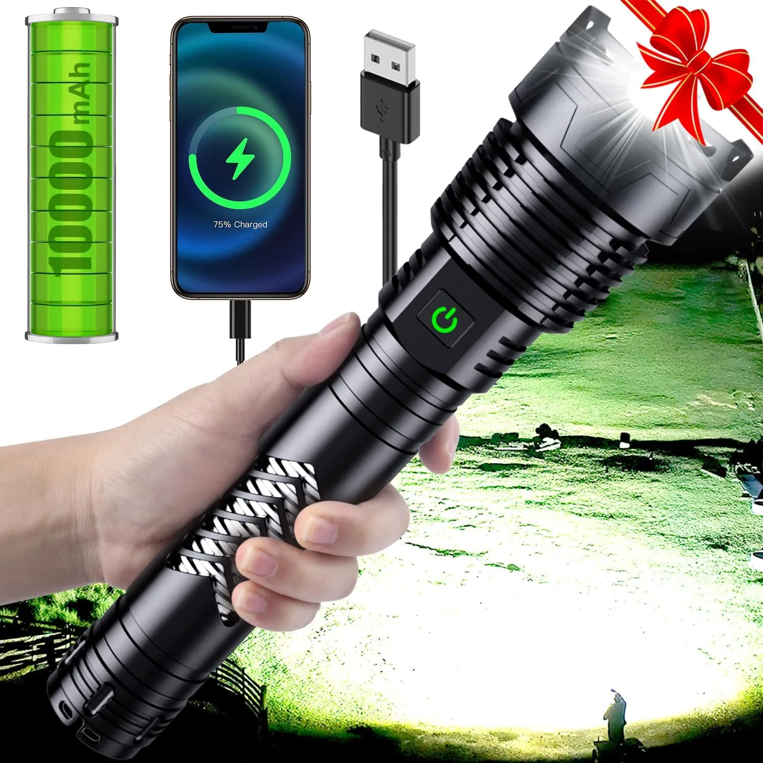 Super Bright LED Flashlight, 3600000 High Lumens Rechargeable Flashlights with Long Handle, 10000mAh Battery Zoomable 5 Modes for Outdoor Camping, Emergencies